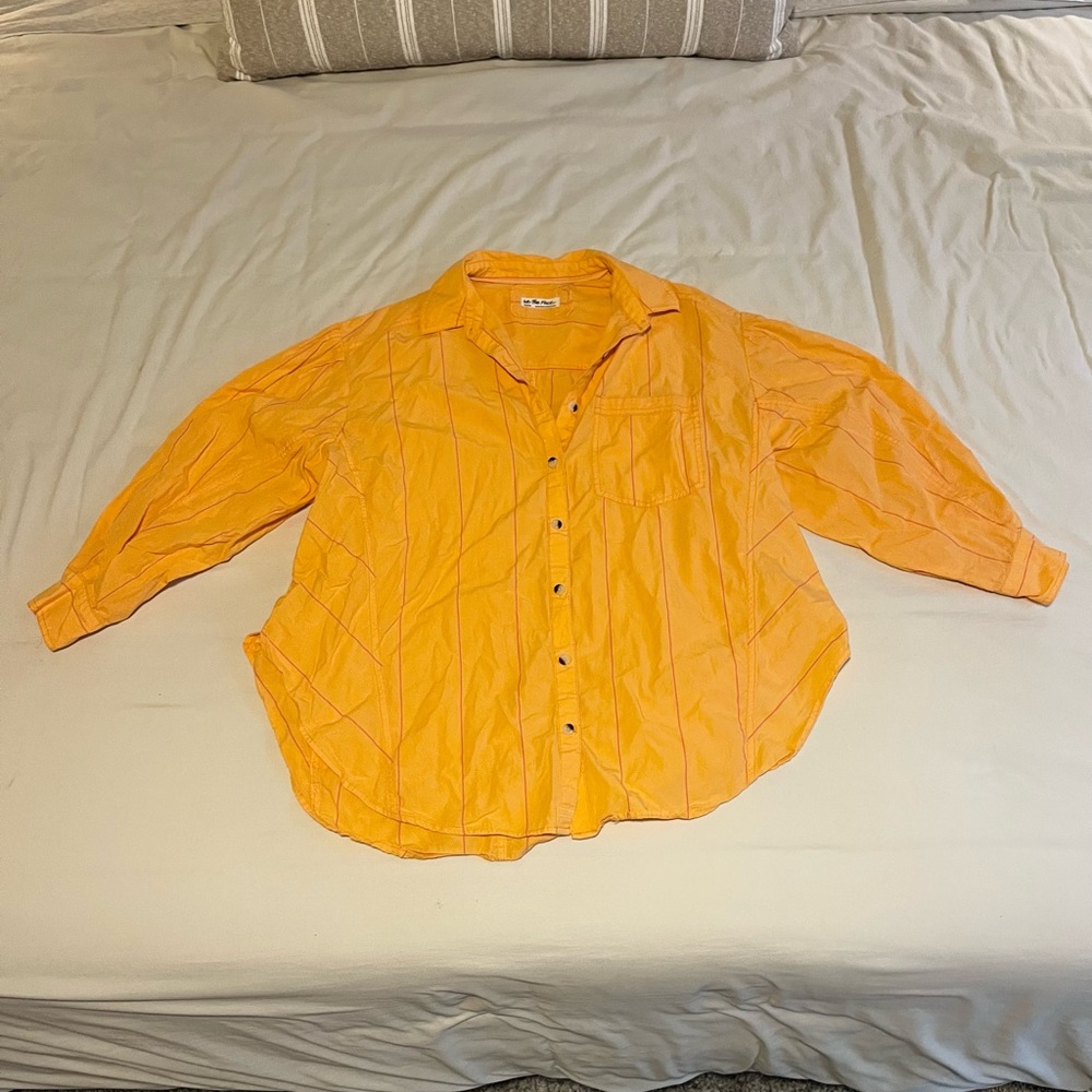 Free People Orange Button-Up Shirt with Balloon Sleeves